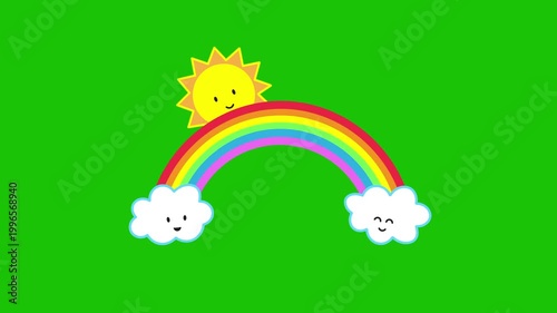 Colorful rainbow animation with cute sun and clouds, beautiful rainbow lines, cartoon concept, emoji, green background, 4k video