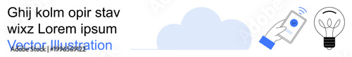 Cloud computing, innovation, data management, technology solutions, creative ideation, connectivity. Cloud icon, smartphone sending a signal and a light bulb. Cloud computing and innovation concepts