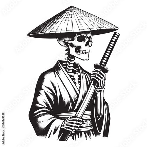 Skeleton samurai holding katana sword vintage woodcut style illustration.