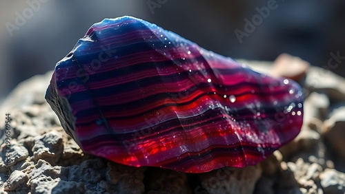 corundum. Raw corundum specimen with blue and red striations on rough stone. STEM education sheets, lab safety posters, designed for biotech research communications.