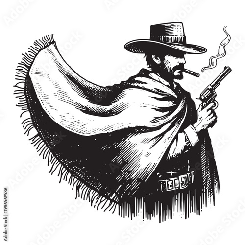Western gunslinger wearing poncho and cowboy hat holding smoking revolver.