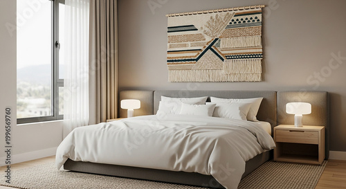 Bedroom with White Bed and Woven Wall Hanging Near Window pillows bedding