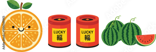 Cute orange and watermelon vector illustration with lucky cans, cheerful fruit and Asian festive elements isolated on white background