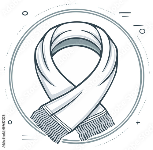 Stylized Illustration of a Knitted Scarf with Fringe in a Circular Frame