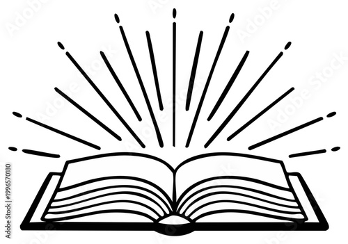 Open book with radiating lines symbolizing knowledge and enlightenment
