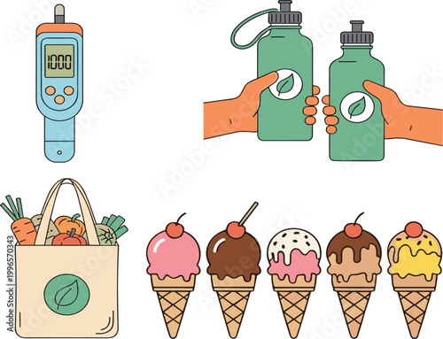 Eco lifestyle vector illustration set with reusable water bottles, grocery bag, ice cream cones and digital meter, sustainable living collection isolated on white background