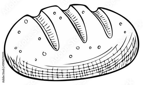 Simple hand drawn sketch of rustic bread loaf with scoring marks and textured surface