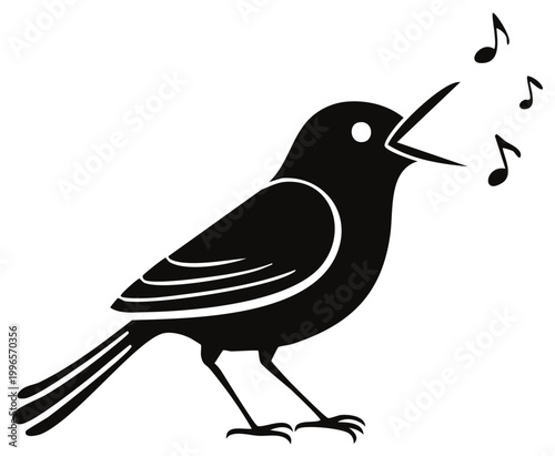 Black silhouette of a bird singing with musical notes emanating from its open beak