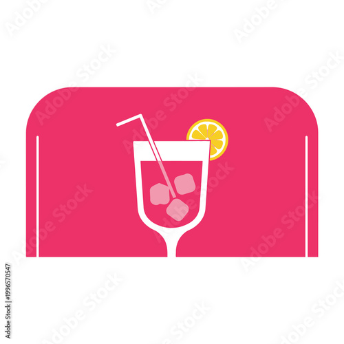 Cocktail glass with ice and lemon slice on pink background