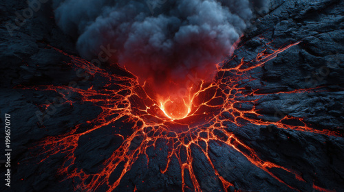 Molten lava magma fissure volcanic crater lava flow hot rock dark rock smoke plume fiery glow eruptive vent volcanic landscape