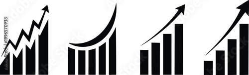 Set of four black bar chart with upward trending arrows on a plain white background