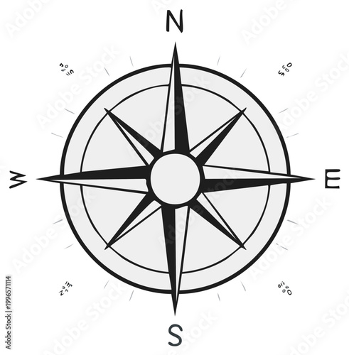 Stylized black and white compass rose with cardinal directions and intermediate points