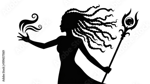 Mystical woman holding a flaming torch with flowing hair in silhouette style Vector