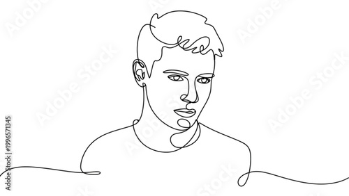 Young man looking thoughtfully to the side in simple line art style Vector