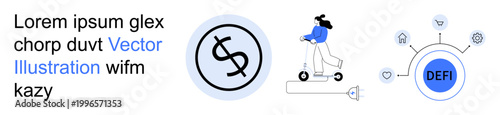 Decentralized finance, blockchain, futuristic mobility, financial transactions, digital economy, connectivity. Woman riding an electric scooter and blockchain node icons. Decentralized finance