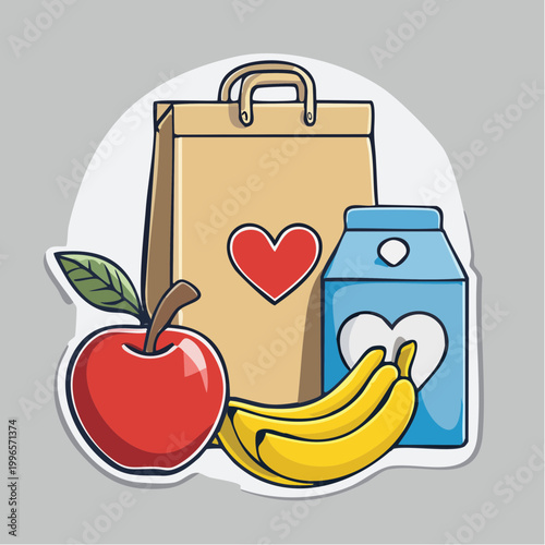 Healthy Lunch Bag with Apple, Bananas, and Milk Carton