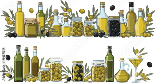 Olive oil and olives vector illustration set with bottles, jars and branches, Mediterranean food ingredients collection isolated on white background