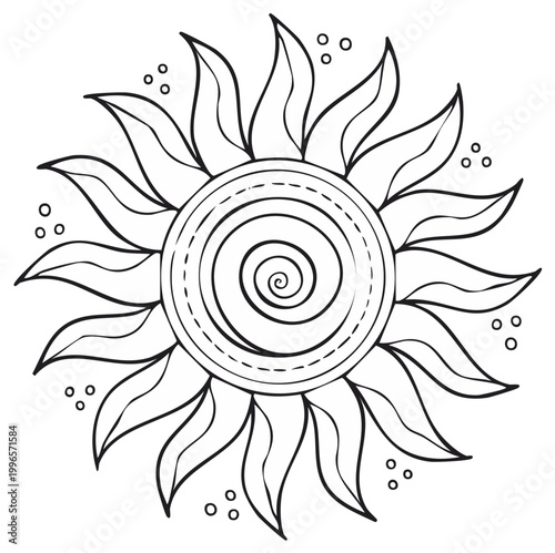 Black and white hand drawn sun illustration with spiral center and leaf-like rays