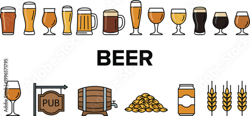 Beer beverage icon set featuring different glass styles brewery elements pub symbols barley ingredients and craft drink vector collection