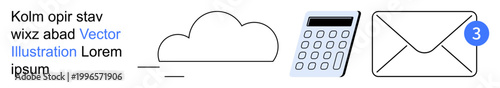 Technology, communication, cloud computing, email notifications, digital organization, business tools. Cloud graphic, calculator and envelope with notification. Cloud computing and communication