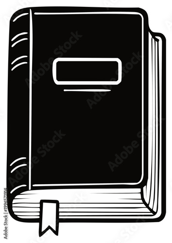 Simple black bound book graphic design with white borders and bookmark.