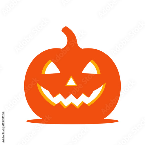 Flat vector illustration of an orange Halloween pumpkin Jack-o'-lantern with a carved grinning face and glowing yellow eyes and mouth isolated on a white background.