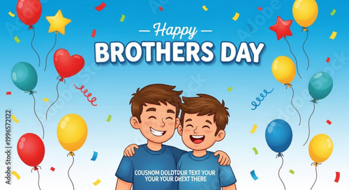 Two happy brothers celebrating together with colorful balloons and confetti