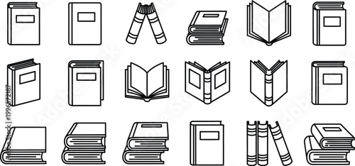 Collection of black and white book icons and stacks representing literature and education