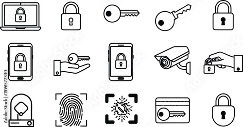Security icons collection locks keys smartphones and surveillance for data protection