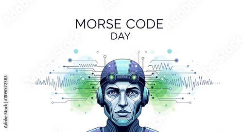 A vector illustration commemorating Morse Code Day features a stylized person wearing a communication headset against a backdrop of dot-dash signal patterns, conveying a vintage