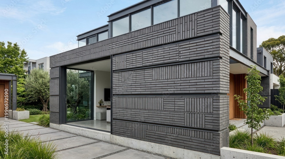 Fototapeta premium A modern house with a black facade and geometric patterns, featuring large windows and a concrete driveway.
