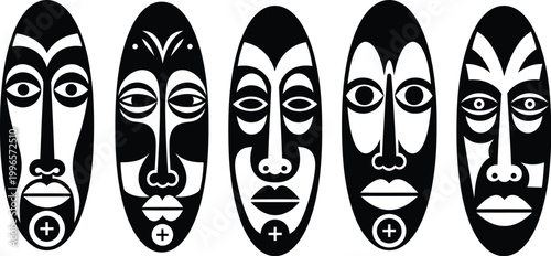 Five traditional african masks a striking black and white artistic representation of cultural heritage
