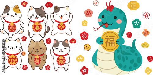 Cute lucky cats and snake vector illustration set with Asian New Year symbols, kawaii maneki neko and zodiac animal collection isolated on white background