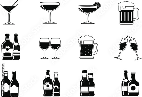 Variety of alcoholic beverages a collection of drink icons in black and white