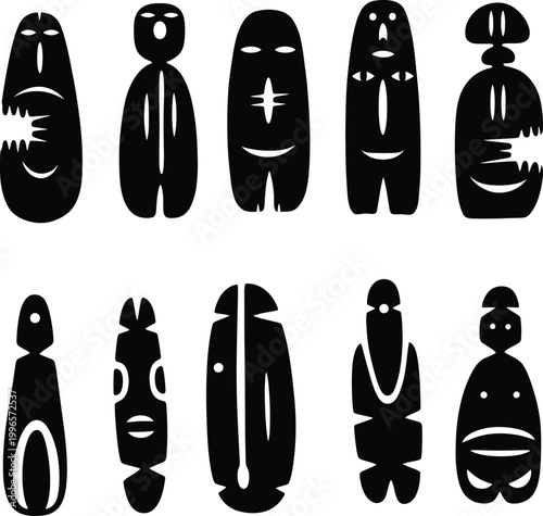 Collection of black silhouette totem figures a study in abstract tribal art and cultural representation