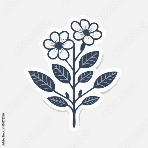 Stylized illustration of a flowering plant with dark blue petals and leaves