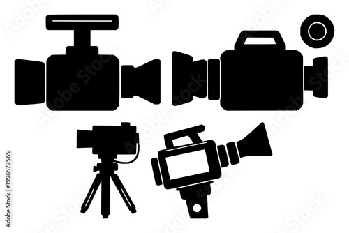 Video camera set with solid black icon on white background featuring icon, design, illustration with technology and media