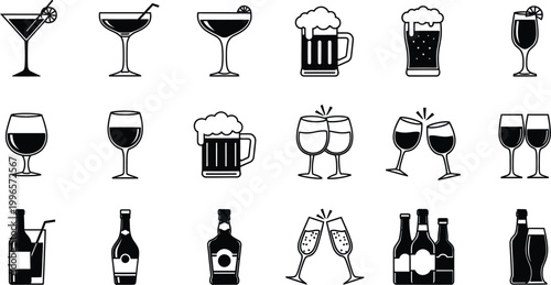 Variety of alcoholic beverages icons a collection of glasses bottles and drink types