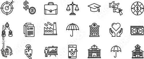 Collection of diverse black and white line icons representing law justice and civic concepts