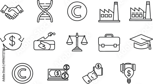 Legal and business icons set illustrating concepts of law finance and intellectual property