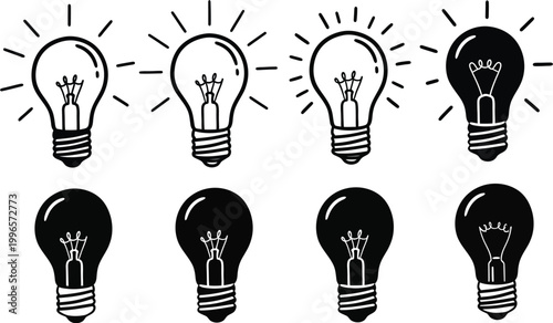 Black and white illustration of light bulbs in various stages of illumination