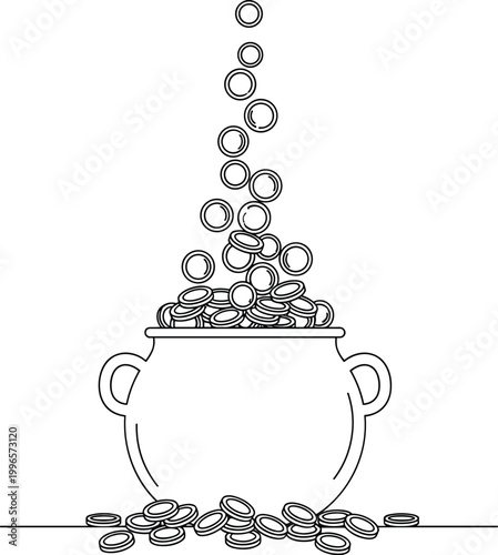 Black and white illustration of a pot of gold coins overflowing