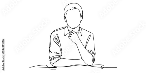Continuous single line drawing of a thoughtful man sitting at a table with his hand on his chin Vector, illustration