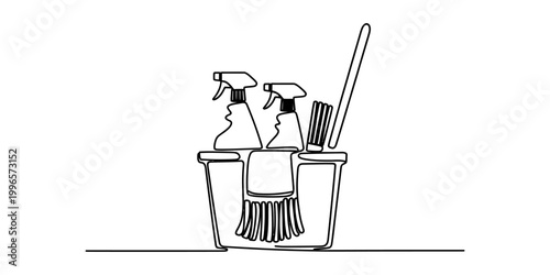 Continuous line drawing of a bucket with cleaning supplies like spray bottles and a mop for household chores and janitorial services Vector, illustration