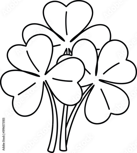 Black and white illustration of four leaf clover with heart shaped leaf