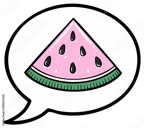 Cartoon watermelon slice inside a thought bubble, fruit illustration.