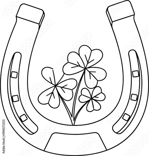 Black line art of a horseshoe with three four leaf clovers inside
