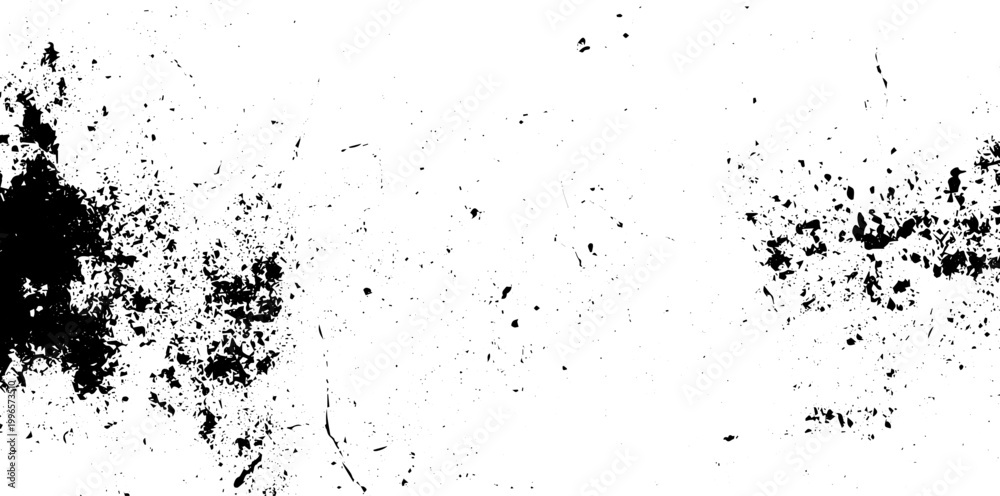 Obraz premium Panoramic Black and White Grunge Texture Background with Ink Splatters and Distressed Grain Vector