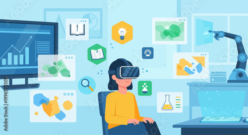 Woman experiencing virtual reality environment vector illustration