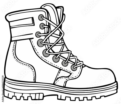 Illustration of a sturdy work boot with laces, showcasing the details of its construction and design.